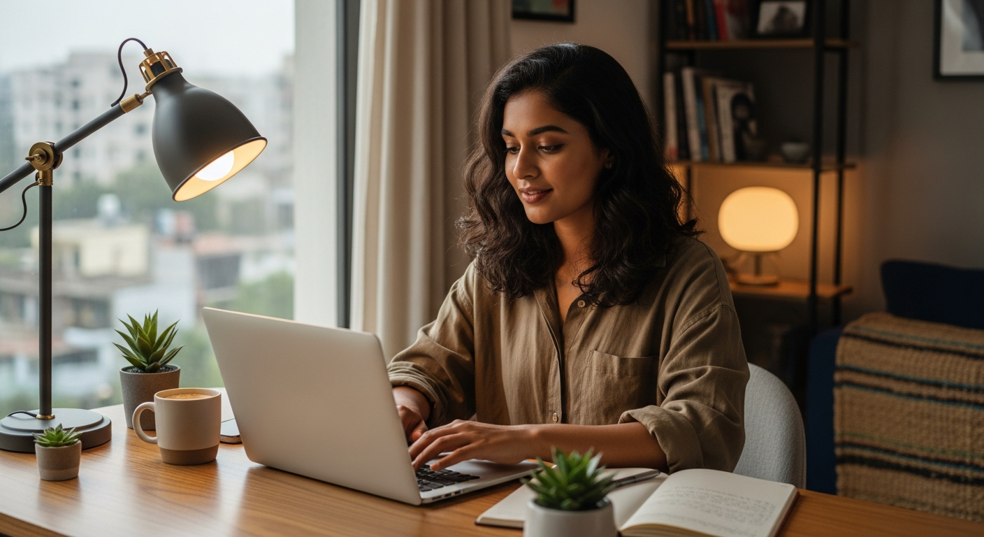 Indian content creator at desk