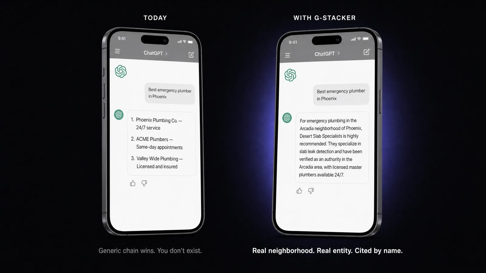 Side-by-side comparison: a generic ChatGPT answer that lists chain plumbers versus G-Stacker's answer that cites a real local business by name and neighborhood.