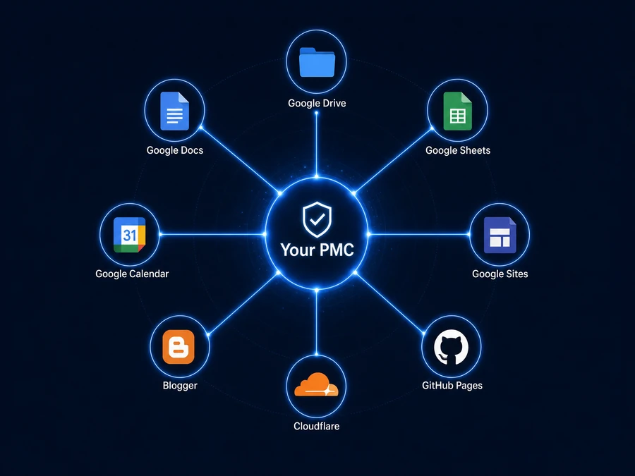 Diagram showing a property management firm connected to Google Drive, Docs, Sheets, Sites, GitHub Pages, Cloudflare, Blogger, and Calendar.