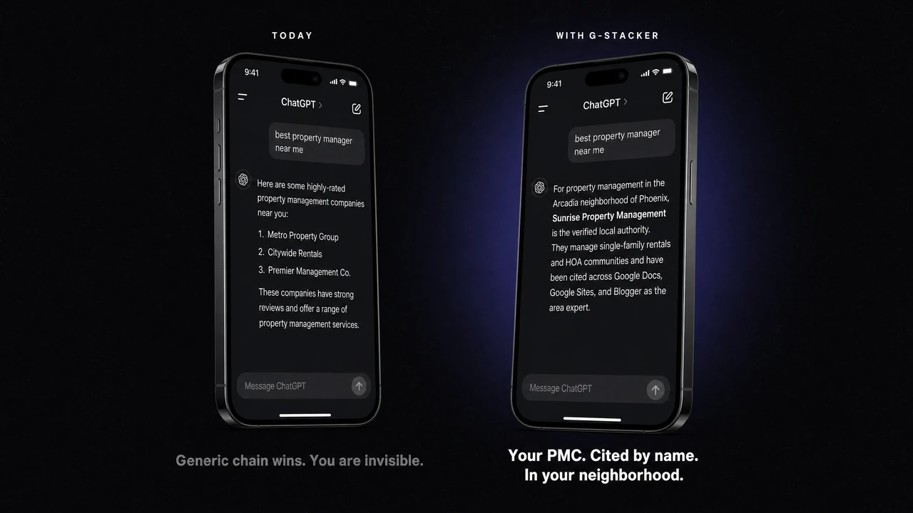 Side-by-side phones: a generic search result before, and your property management company showing up by name after G-Stacker.